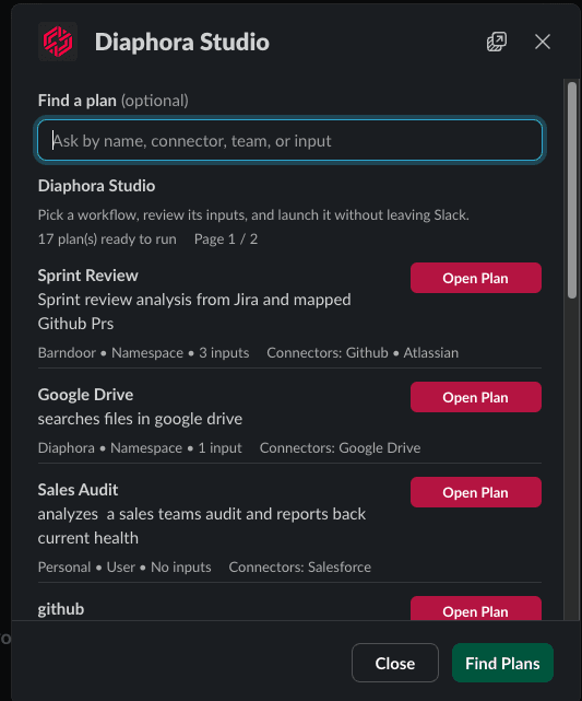 Diaphora Studio Slack modal showing searchable plans
